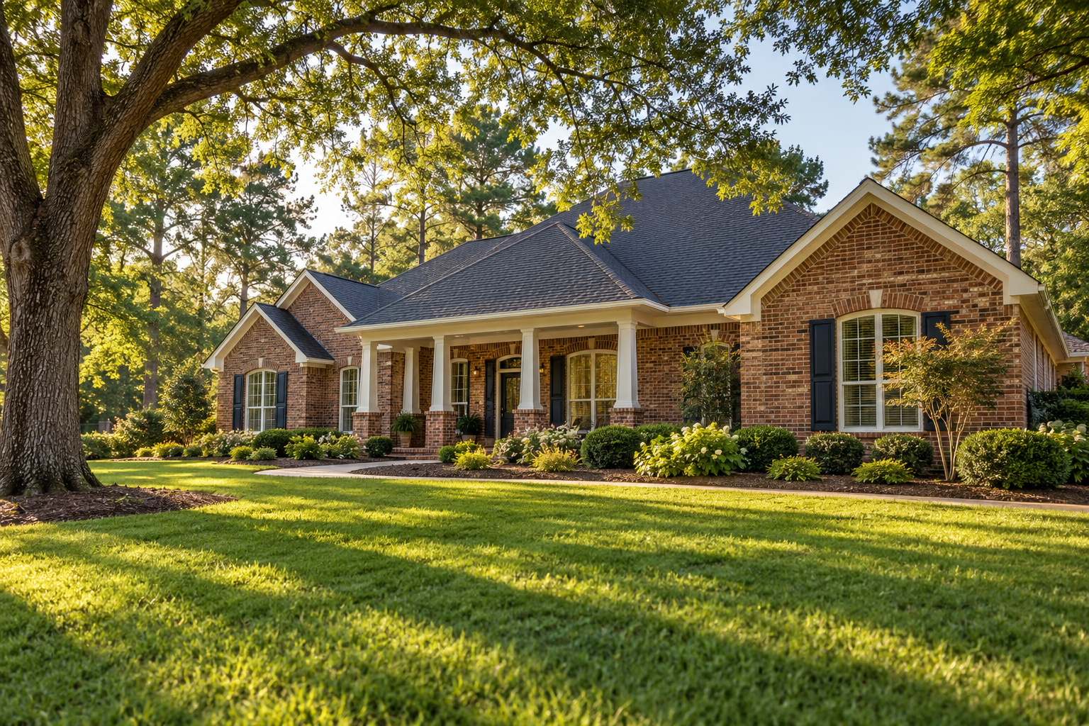 A welcoming brick home surrounded by trees